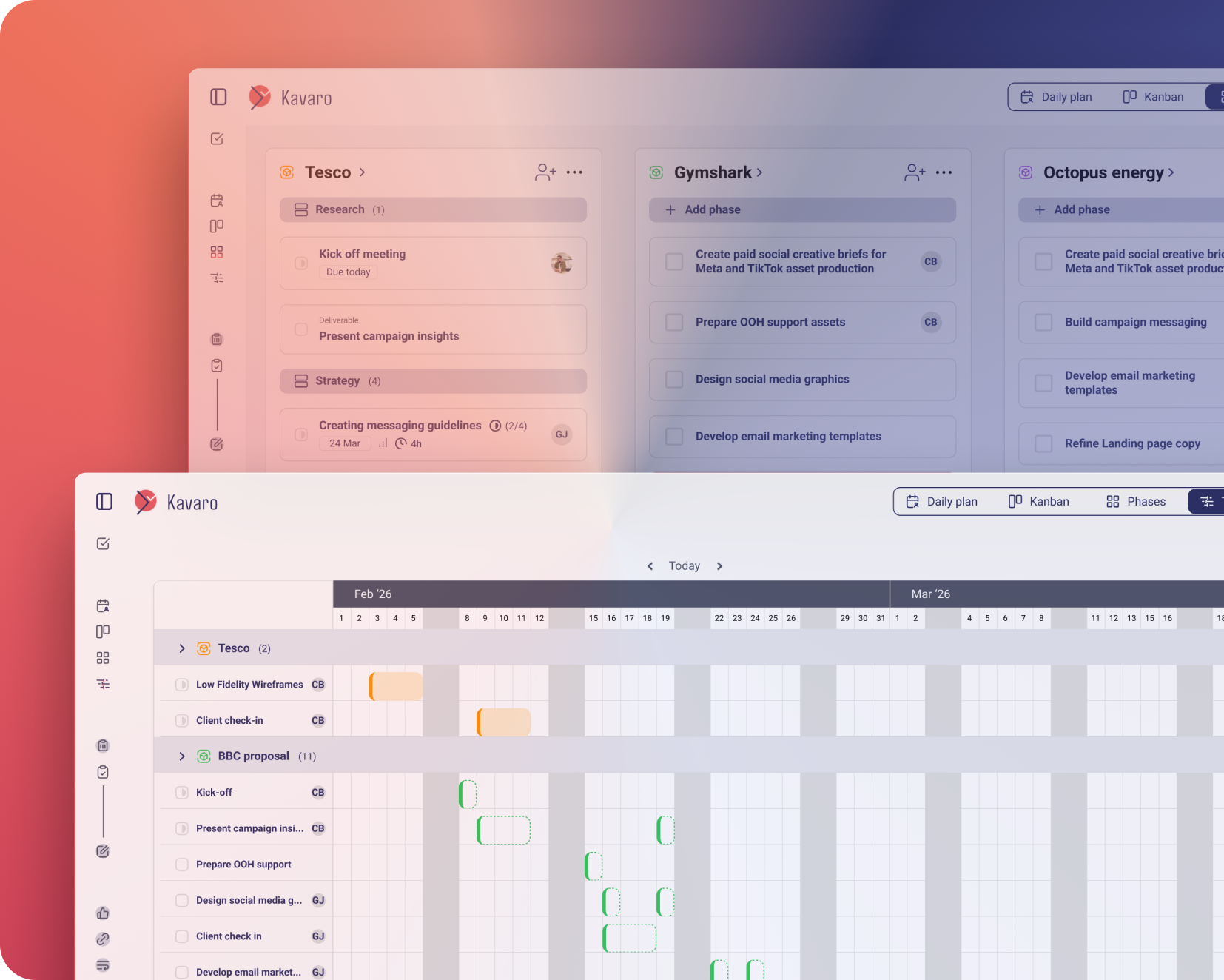 Kanban and timeline views in Kavaro