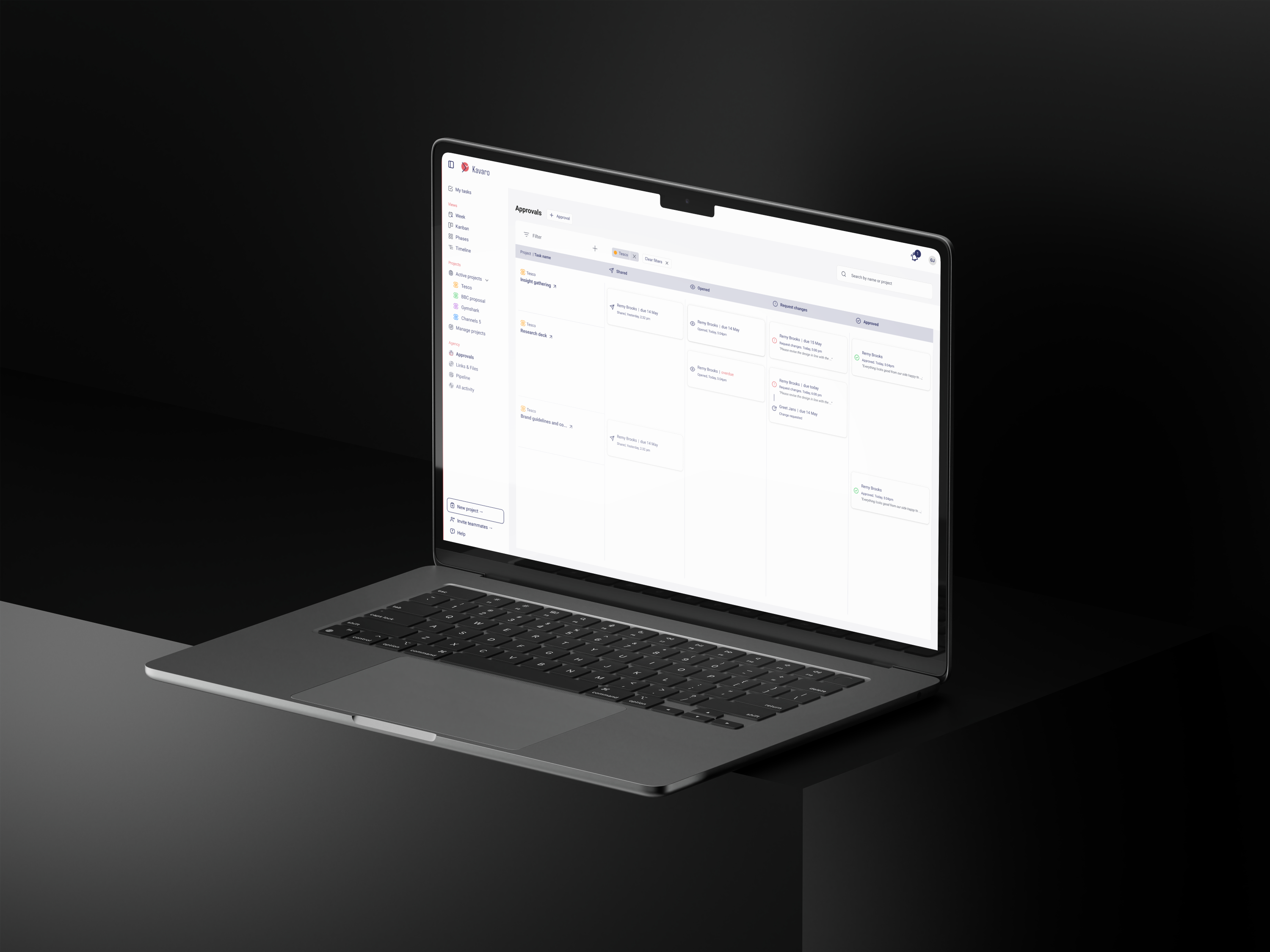 Kavaro approvals dashboard showing shared, viewed, changes requested, and approved deliverables across agency projects