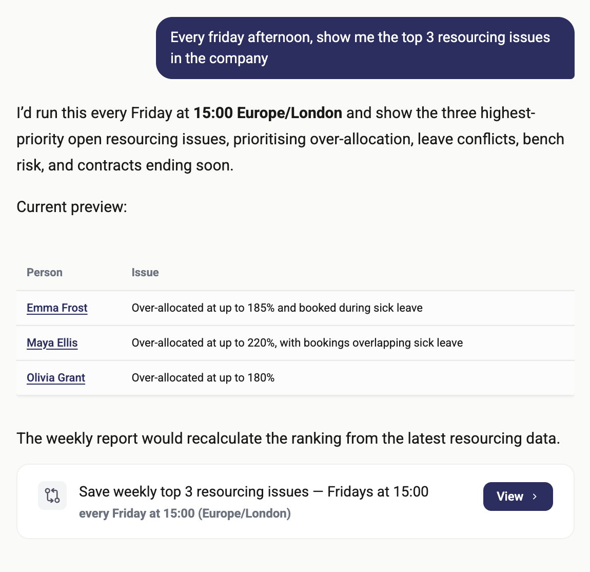 Kavaro agent previewing a weekly resourcing issues report
