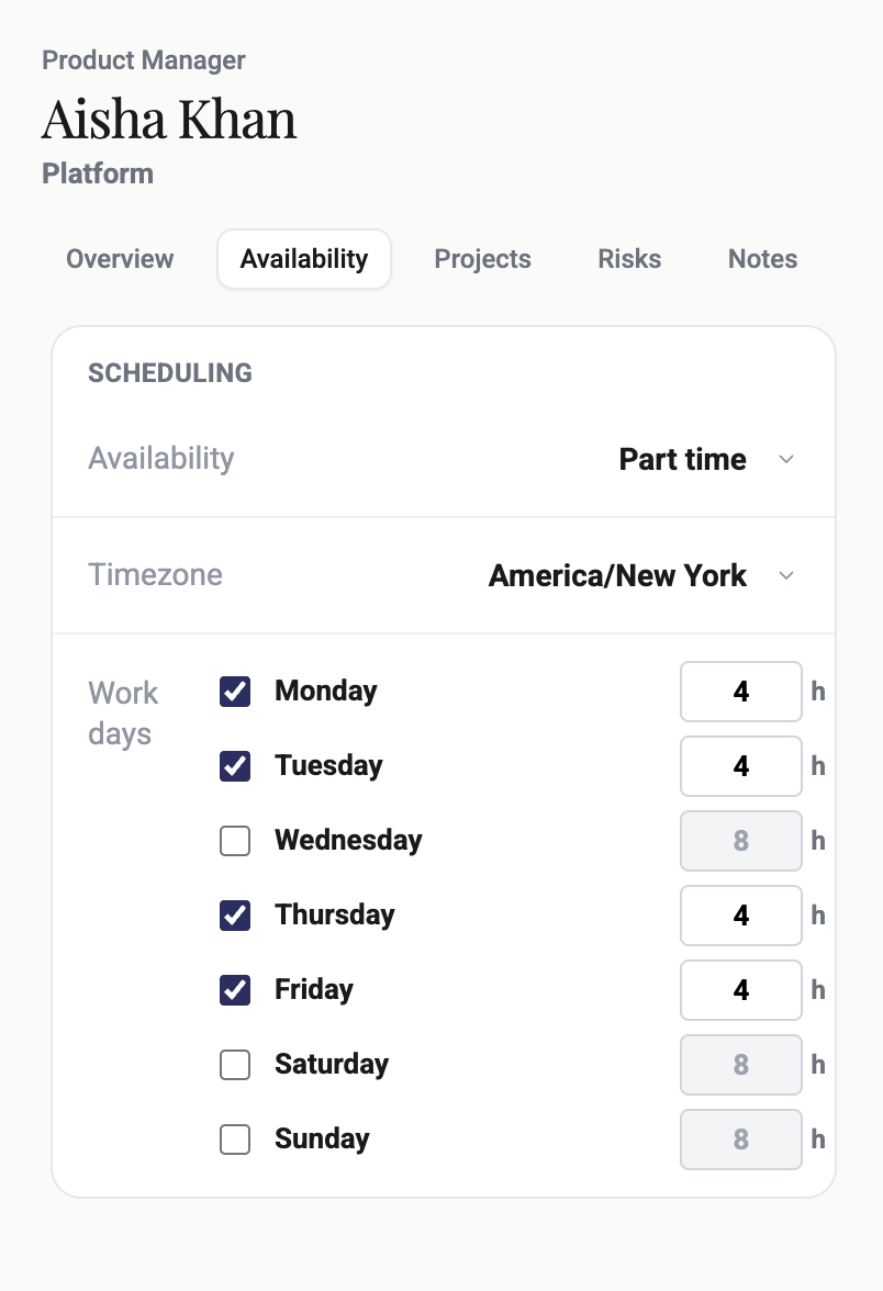 Person availability with working days and hours