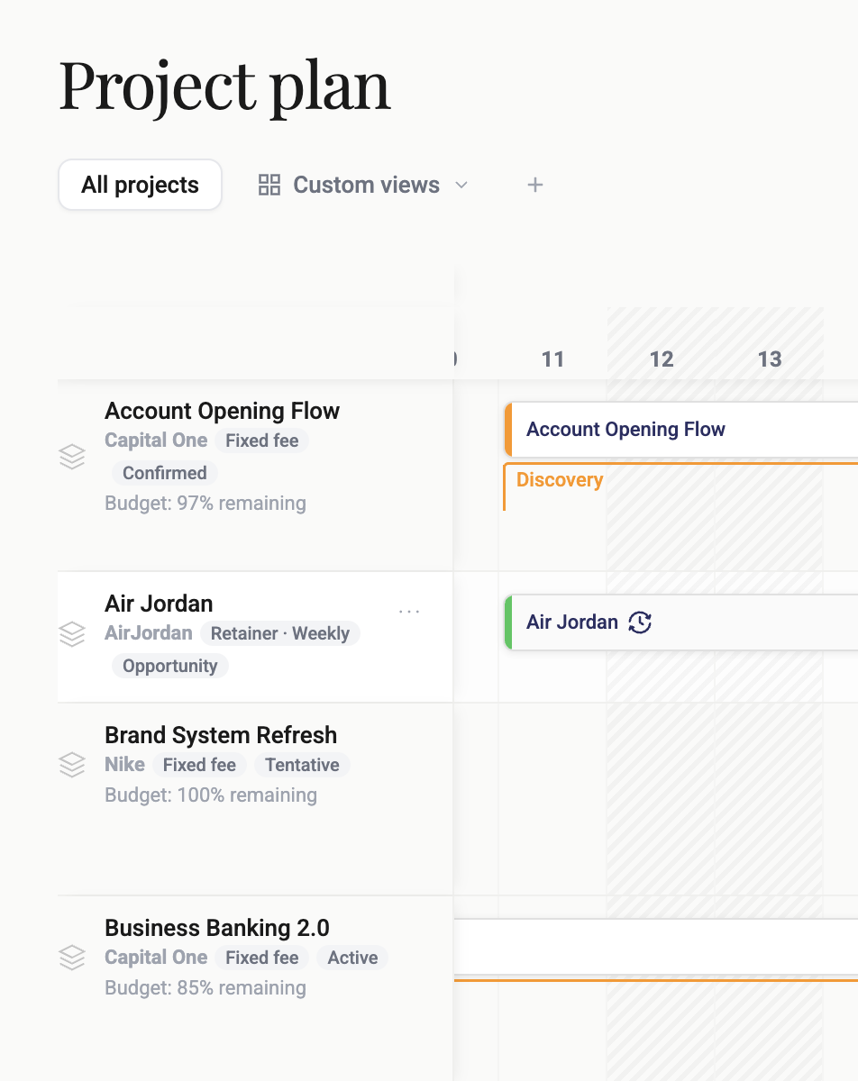 Project plan with phases, tasks and timeline