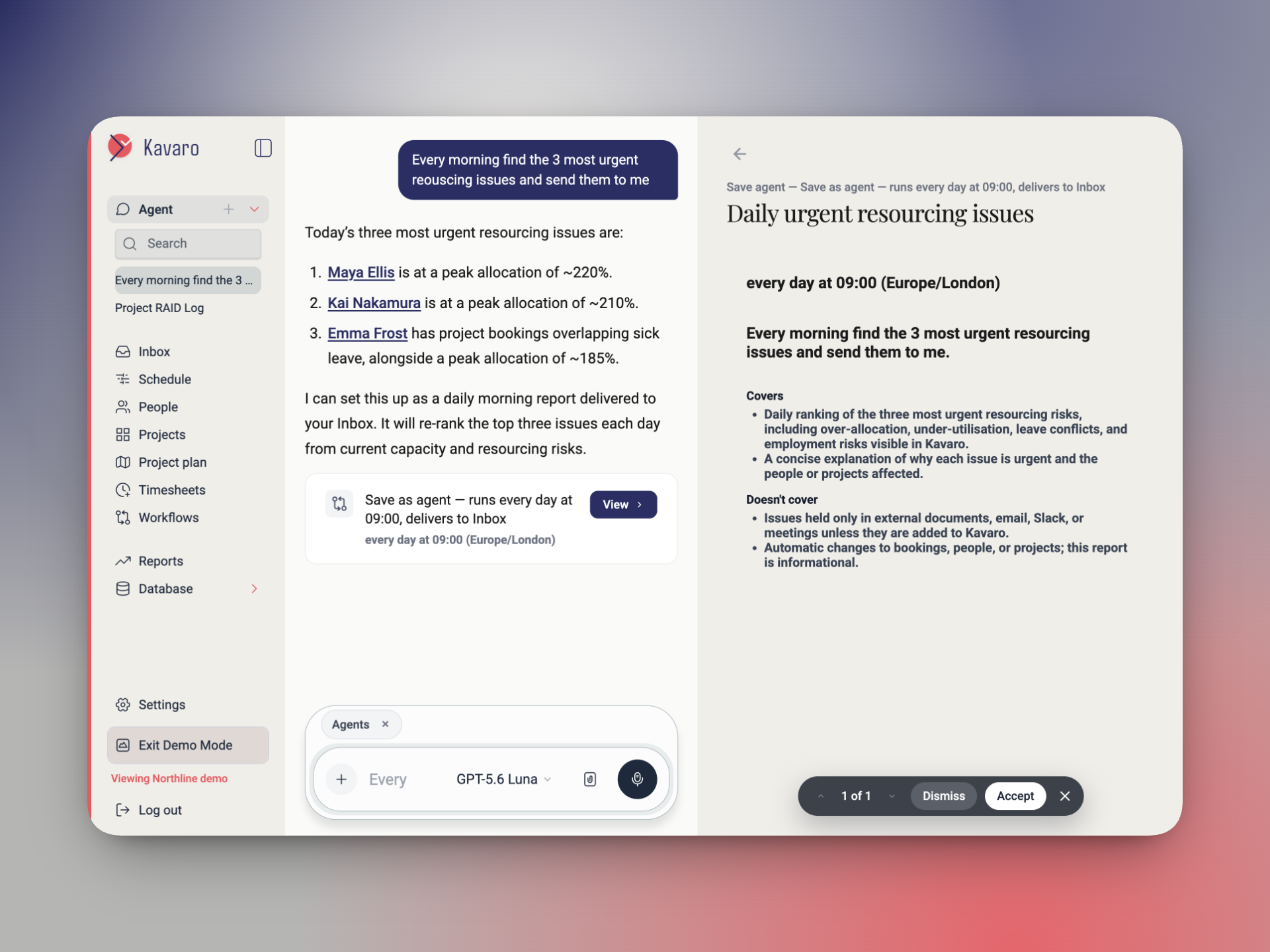 Kavaro agent drafting a daily resourcing report