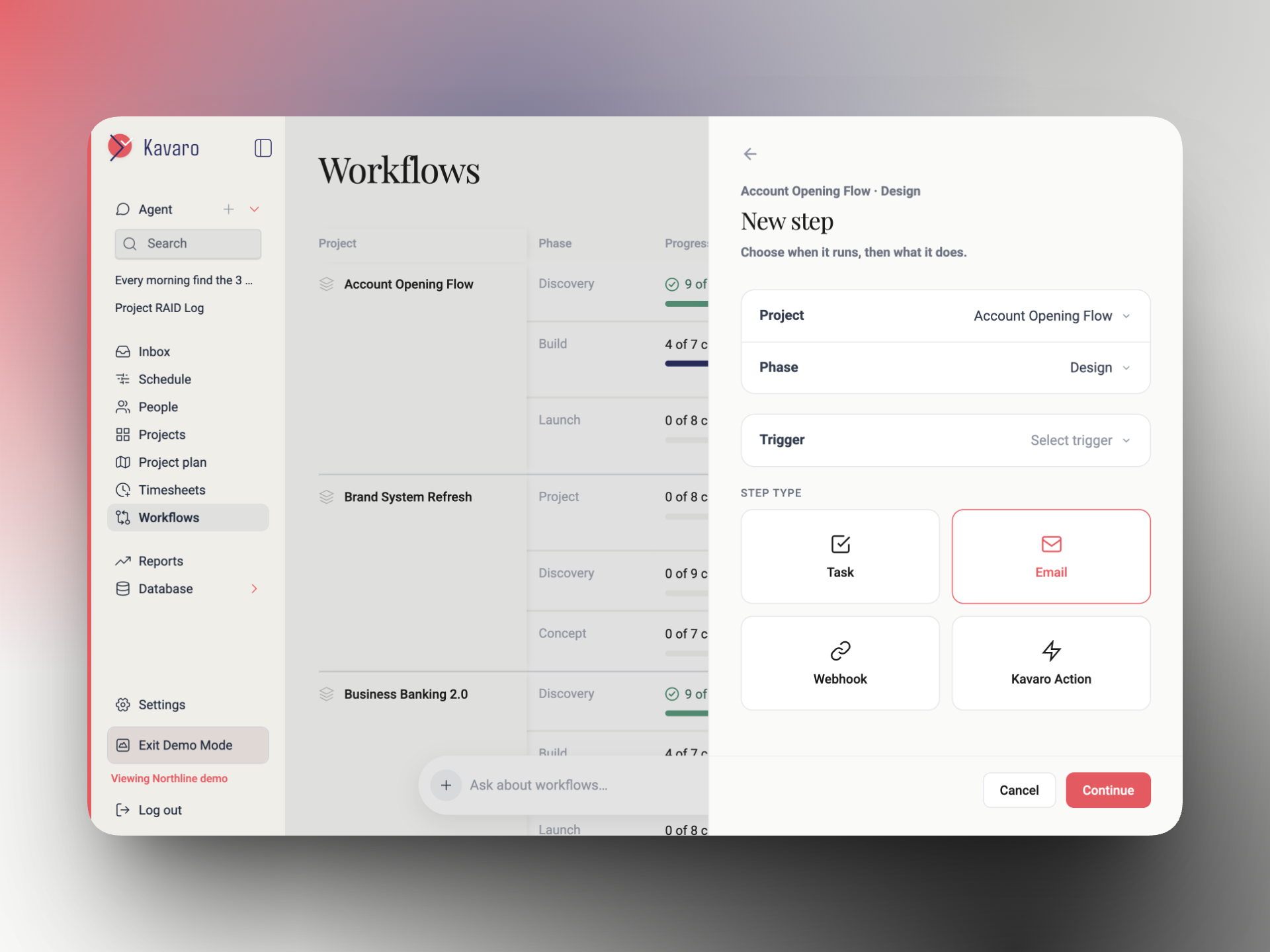 Workflows view with a new step being configured