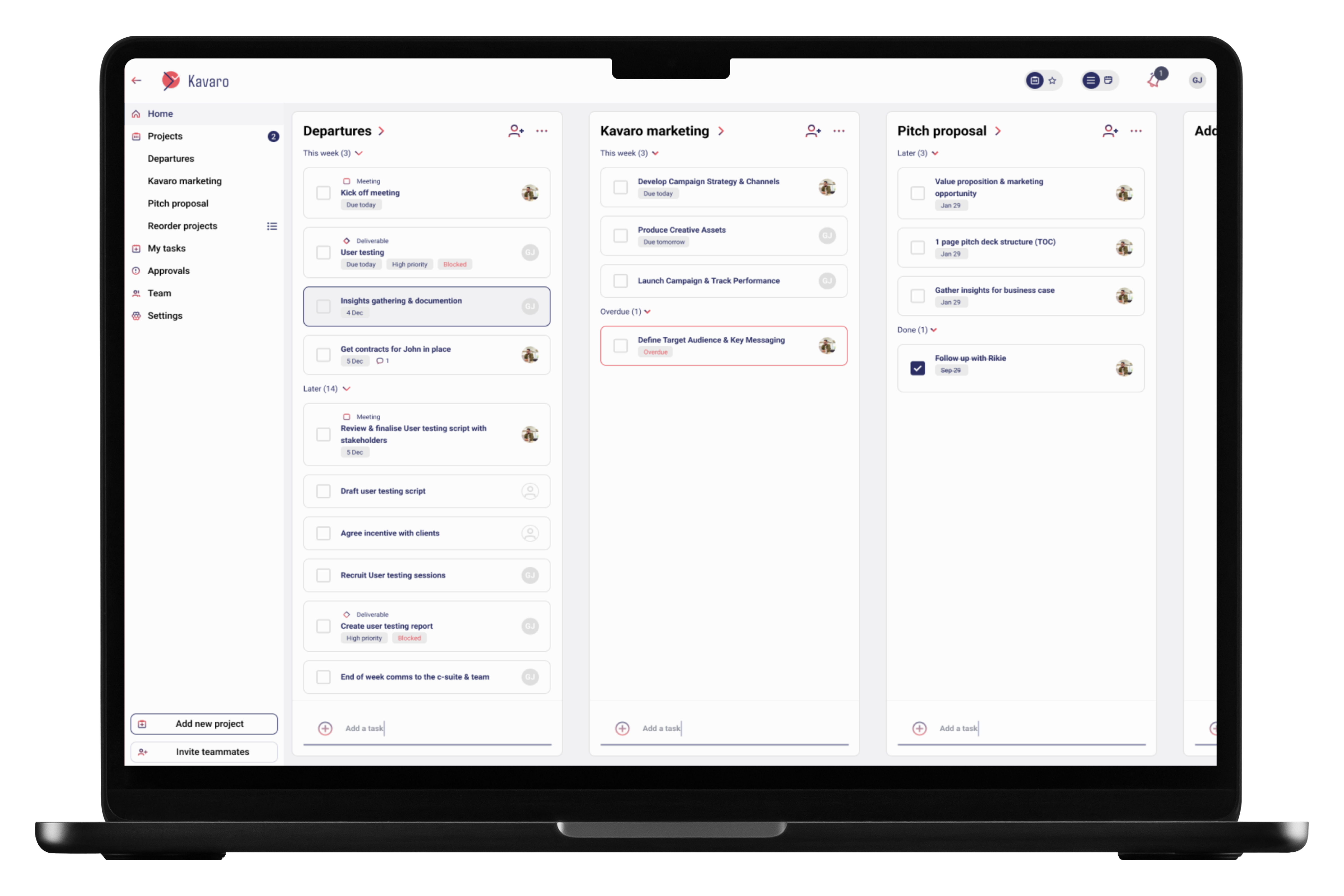 Homepage of Kavaro in device